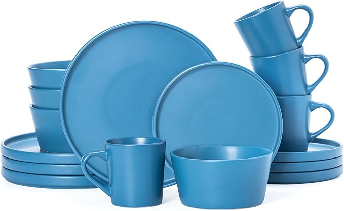 Plates and Bowls Sets for 4 - CJDC-QUELO 16 Piece Stoneware Dinnerware Sets with Mugs Ceramic Dishware Sets for Kitchen Dining Use Chip and Scratch Resistant Microwave Dishwasher Safe Blue