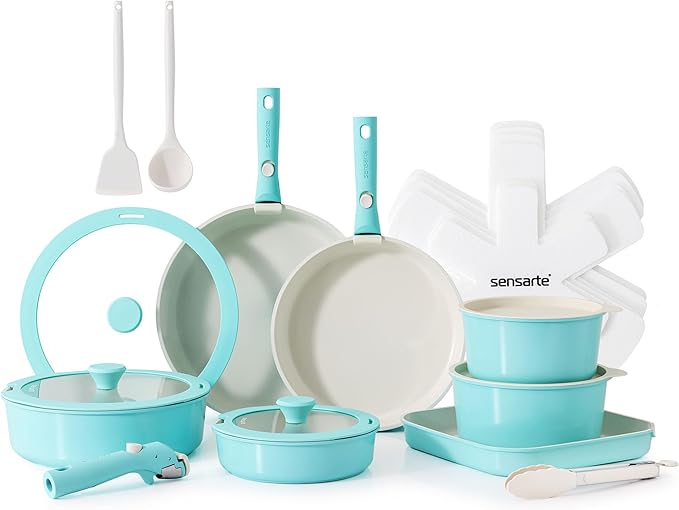 SENSARTE 24 Piece Ceramic Pots and Pans Set Nonstick Detachable Handle Cookware Induction Cookware Set with Removable Handle Healthy Non Stick for RV Dishwasher＆Oven Safe PFOA Free (Turquoise)