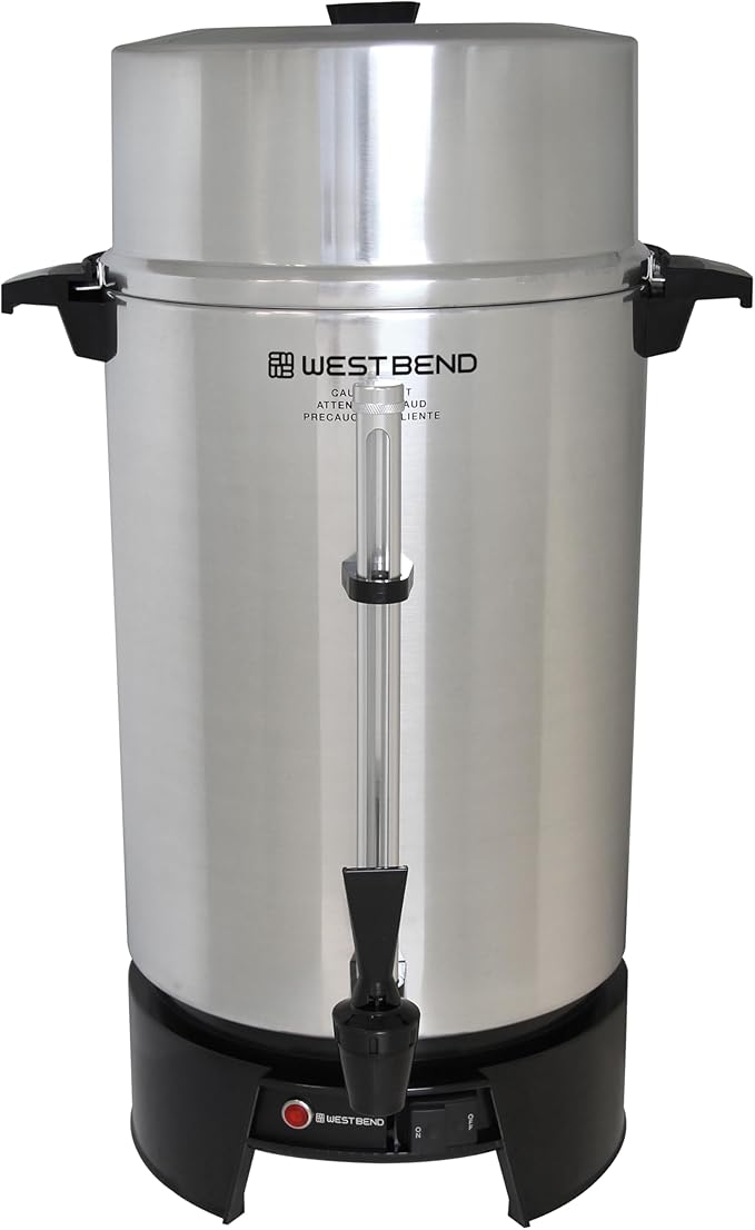 West Bend 33600 Coffee Urn Commercial Highly-Polished Aluminum NSF Approved Features Automatic Temperature Control Large Capacity with Fast Brewing and Easy Clean Up 100-Cup Silver