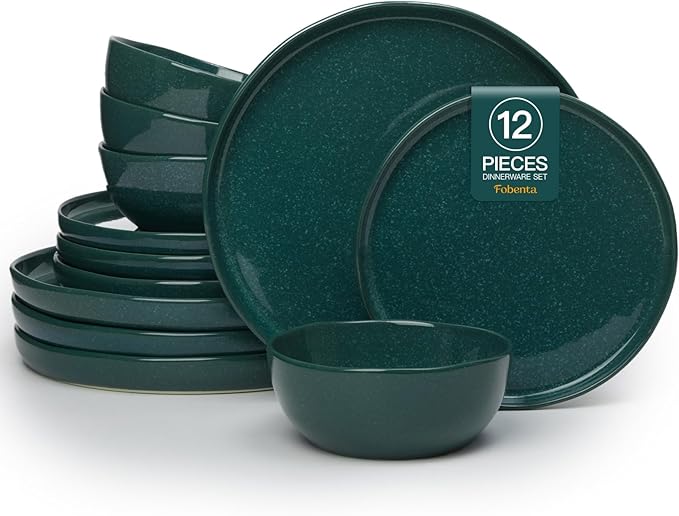 Ceramic Dinnerware Set for 4Reactive Glaze Plates and Bowls SetsMicrowave SafeChip-Resistant Dish SetPerfect for Modern DiningFarmhouse Style (Forest Green Service for 4 (12pcs))