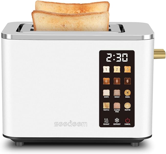 2-Slice Toaster with Touch Control 6 Shade Settings &amp 6 Bread Type 900W Removable Crumb Tray Countdown Display Smart Stainless Steel Design White