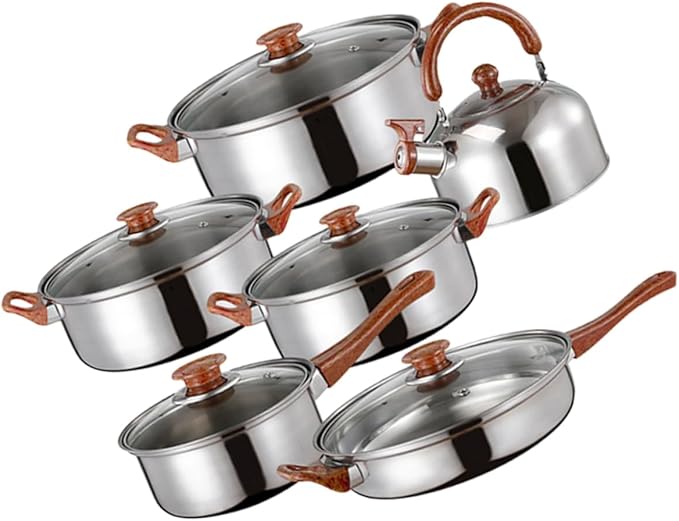 Cookware Set Stainless Steel Pots and Pans Set Frying Pan Soup Pot Milk Noodles Soup Heat Conductive Portable Non-slip Handles Family