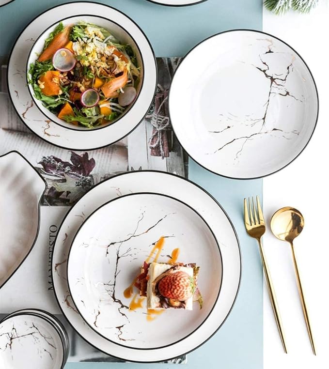 10 Piece Marble Design Bone China Dinnerware Set White Porcelain Plates And Bowls Plate Set