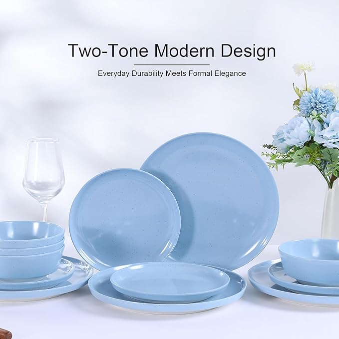 Webbylee 12-Piece Melamine Dinnerware Set for 4 – Unbreakable Plates &amp Bowls Lightweight Two-Tone Blue &amp Beige Ideal for Family Meals Camping Picnic Parties