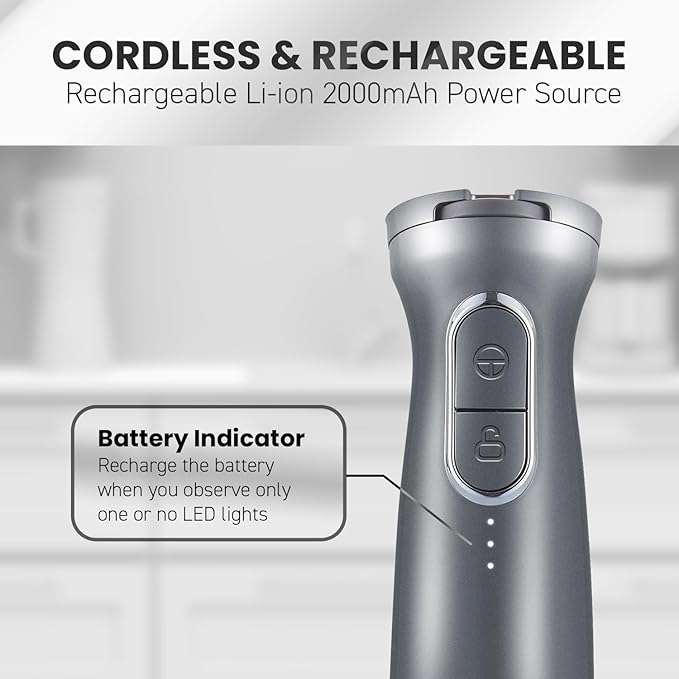 Elite Gourmet EHB1300 Cordless Rechargeable Hand Blender Variable Speed Blending with One-Touch Power Button Stainless Steel Blades Portable Easy Control Stick Mixer Baby Food Charcoal Grey