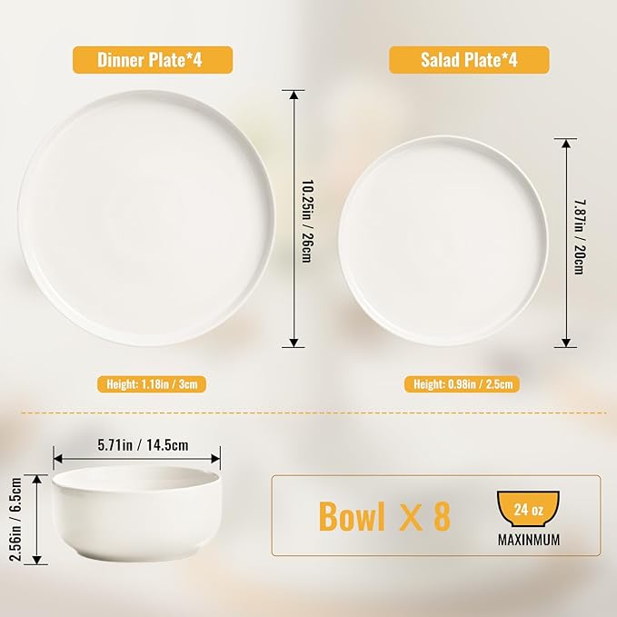 EWFEN Plates and Bowls Sets 24 Pieces Ceramic Dinnerware Set for 8 Stoneware Dishware Dishes Set Scratch Resistant Dishes Set Dishwasher &amp Microwave Safe White