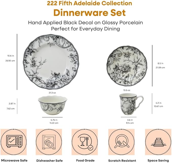 222 Fifth Adelaide 16-Piece Black Porcelain Dinnerware Set – Service for 4 Featuring Hand-Applied Romantic Woodland Bird Design Everyday Big Dinner Plates and Bowls Sets Microwave &amp Dishwasher