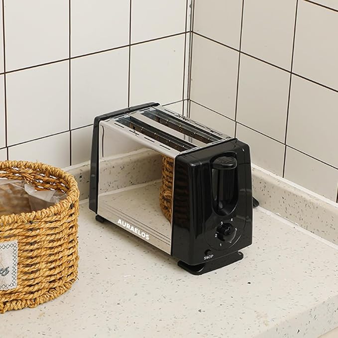 AURAELOS Toaster with Stainless Steel Housing 800W 36V Automatic Control Black and Silver 24.5x11.5x15.4cm