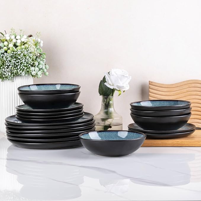 AmorArc Ceramic Dinnerware SetsHandmade Reactive Glaze Stoneware Plates and Bowls SetsHighly Scratch Resistant | Dishwasher &amp Microwave Safe Dishes SetService for 6 (18pc)