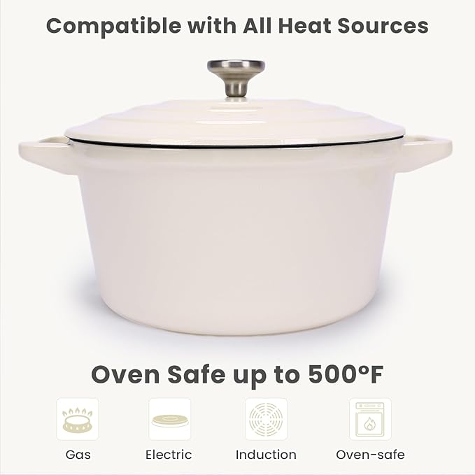 QuliMetal Enameled Cast Iron Set 5-Pc 10 Stackable Space-Saving Cookware Set Dutch Oven Skillet Grill Pan with 2 Universal Lid Versatile Enamel Dutch Oven Included Spacers White