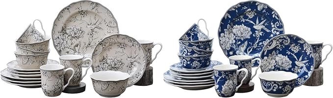 222 Fifth Adelaide 32-Piece Porcelain Dinnerware Set – Service for 4 Romantic Bird &amp Floral Design Everyday Big Dinner Plates and Bowls Sets Microwave &amp Dishwasher Safe
