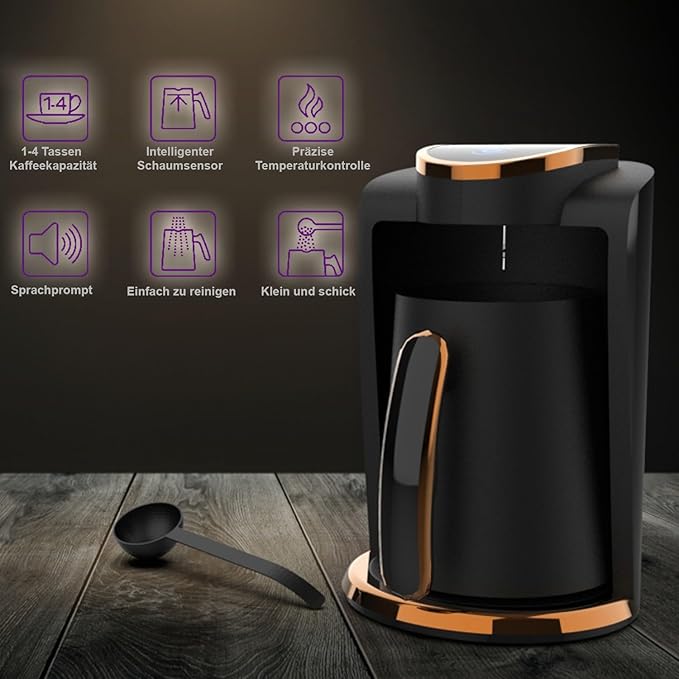 İnca IKM-01 Wonder Series Turkish Coffee Maker Turkish Coffee Maker with Measuring Spoon for 4 Cups (Fincan) at the Same Time High Performance in Elegant Black and Rose Gold Design