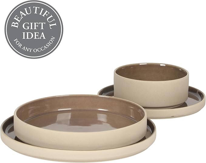 Gibson Elite Liberty Bay 16-Piece Pottery Clay Stoneware Dinnerware Set – Mocha Brown Reactive Glaze Stackable Plates and Bowls W/Pasta Bowl Service for 4 – Microwave &amp Dishwasher Safe