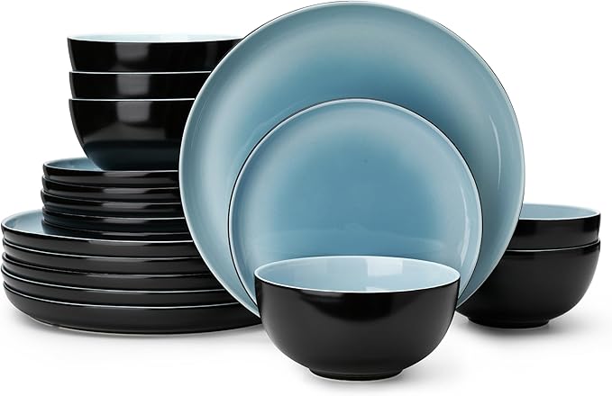Sweese Porcelain Dinnerware Set of 6 Lightweight Round Plates and Bowls Set - Dishwasher Microwave Oven Safe Scratch Resistant Dinner Sets Kitchen Dishes Set Black &amp Blue