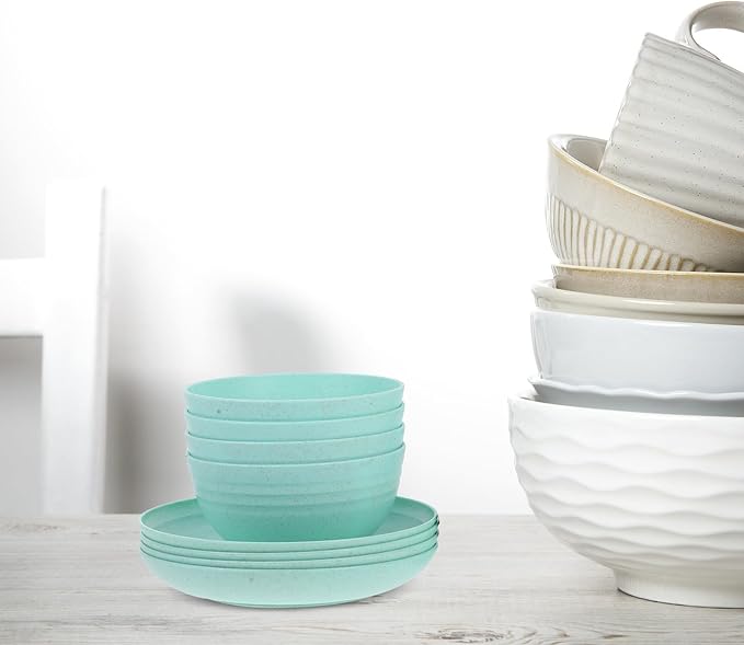 12pcs Wheat Straw Dinnerware Set with Plates and Bowls Microwave Safe Lightweight Reusable Eco-Friendly Tableware for Camping and Outdoor Use (Green)