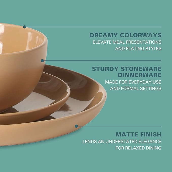Gibson Home Rockaway 12-Piece Round Stoneware Dinnerware Set Service for 4 – Beige Plates and Bowls Modern Matte Finish Microwave &amp Dishwasher Safe