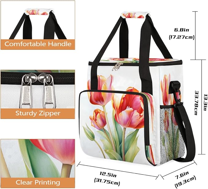 Tulips Painting Pattern Coffee Maker Carring Bag Travel Carrying Storage Tote Bag Compatible with Keurig K-Mini or K-Mini Plus Portable Single Serve Coffee Brewer Case with Pockets for K-cup Pods