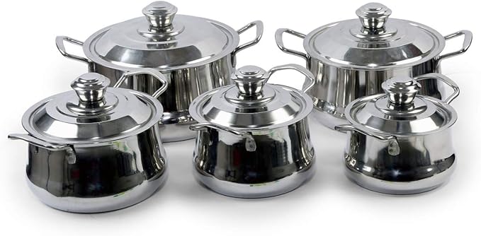 Stainless Steel Cook and Serve Handi Set with Lid Set of 5 (750 ml 1000 ml 1500 ml 2000ml 2700 ml)