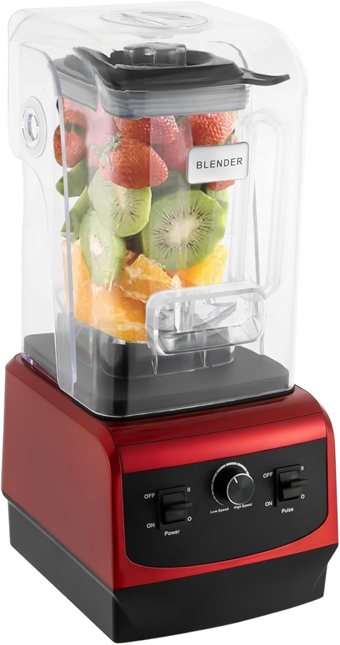 Soundproof Blender110V 2200W 2.2L Commercial Fruit Juice Smoothie Maker With Shield Quiet Sound Enclosure for Puree Ice Crush Shakes and Smoothies(2.2L2200WRed