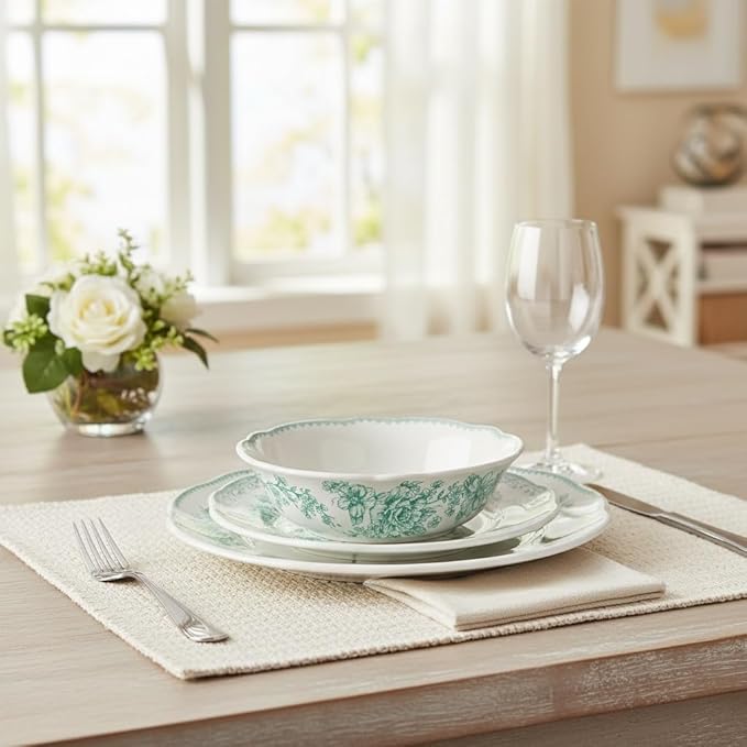 12-Piece Green Floral Stoneware Dinnerware Set Fresh Vintage Design Microwave &amp Dishwasher Safe 4-Person Complete Set Ideal for Family Meals &amp Entertaining