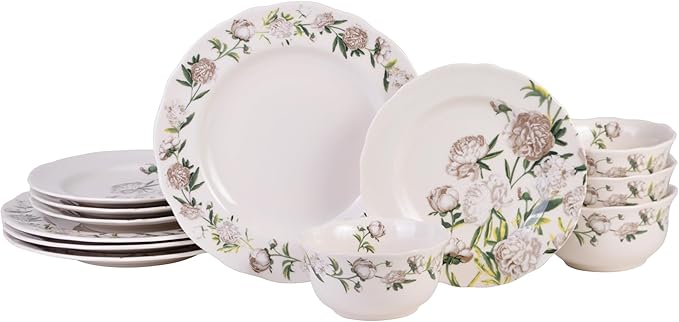 222 Fifth Luxe Peony Neutral Porcelain 12-Piece Dinnerware Set – Service for 4 Includes Dinner Plates Salad Plates &amp Cereal Bowls Glossy Finish Dishwasher Safe for Daily Dining &amp Entertai