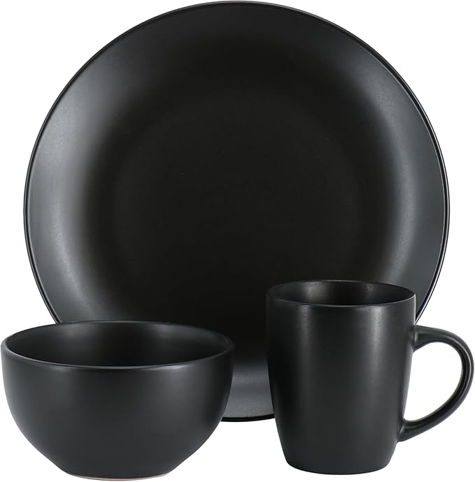 12 Piece Stoneware Dinnerware Set – Round Plates Bowls &amp Mugs for 4 Dishwasher &amp Microwave Safe Modern Matte Finish (Black)