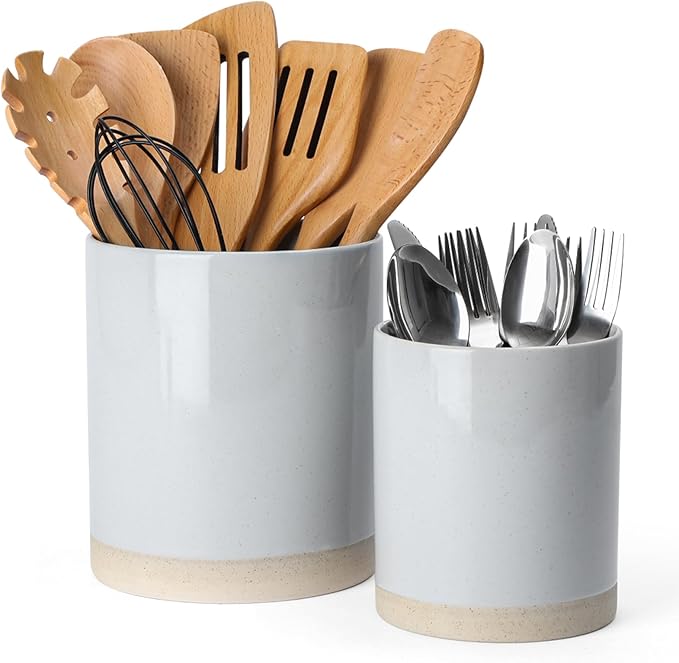 Famiware Mars Plates and Bowls Set of 12 and Milkyway Kitchen Utensil Holder for Countertop Set of 2 14 Pieces Dinnerware Sets Light Gray