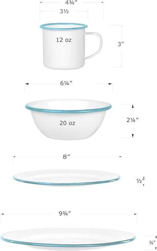Red Co. 16-Piece Enamelware Metal Dinnerware Set for 4 Solid White/Teal Rim