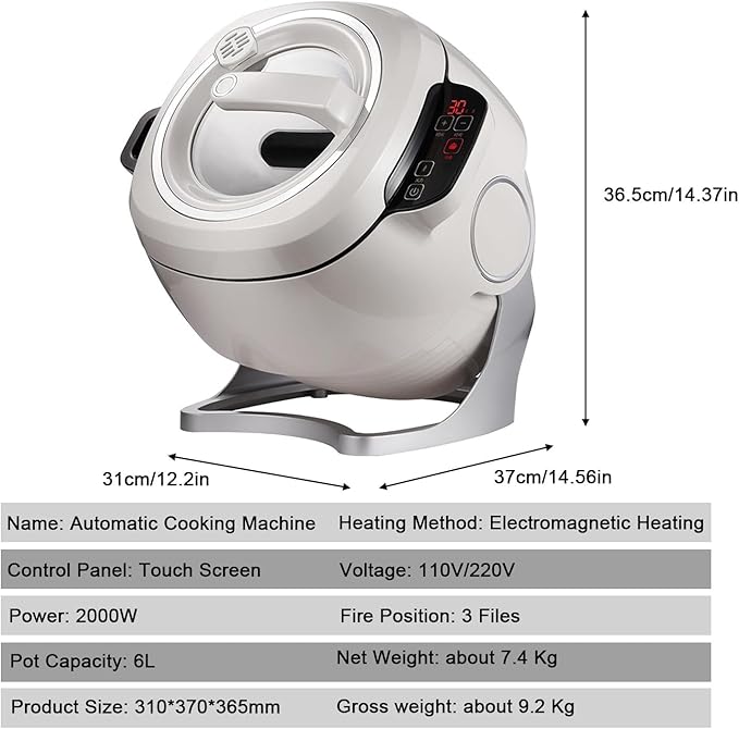 2000W Automatic Cooking Machine 6L Auto Stir Fry Wok Fried Rice Cooking Machine with Smart Touch 360° Rotating 3D All-round Heating for Home Restaurant