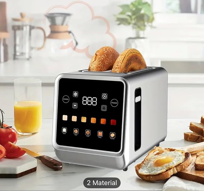 Stainless Steel Digital Toaster with Touch Screen Multiple Browning Levels Bagel Defrost and Reheat Functions