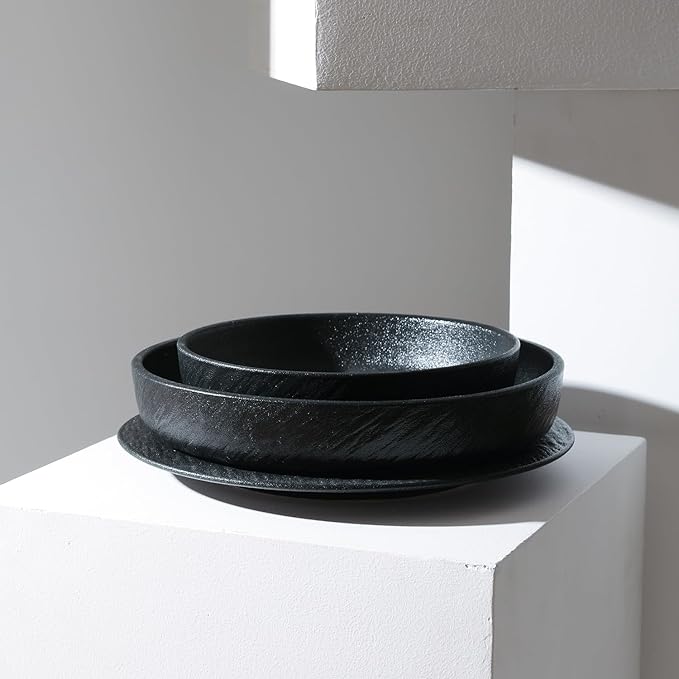 Stone Lain Senso 12-Piece Dinnerware Set New Bone China Plates and Bowls Sets Dish set for 4 Dinner and Salad Plates Black