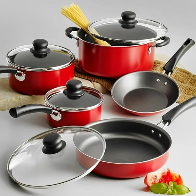 9-Piece Nonstick Cookware Set Red with Glass Lids Includes 7 Saute Pan 9 Deep Saute Pan 1 Qt and 2 Qt Sauce Pans 4 Qt Dutch Oven