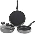Cello Prima 3-Piece Non-Stick Aluminium Cookware Set – Hammertone (28 cm Dosa Tawa 22 cm Kadai with Glass Lid 22 cm Fry Pan) | Induction Base PFOA-Free Sturdy Handles Ideal Gift Set