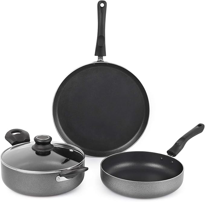 Cello Prima 3-Piece Non-Stick Aluminium Cookware Set – Hammertone (28 cm Dosa Tawa 22 cm Kadai with Glass Lid 22 cm Fry Pan) | Induction Base PFOA-Free Sturdy Handles Ideal Gift Set