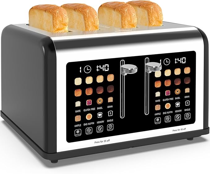 4 Slice Toaster Touch Screen Stainless Steel Toasters Digital Timer Dual Control Panel Toasters 8 Shade Settings 6 Bread Types for Bagel Cancel Defrost 1650W Black