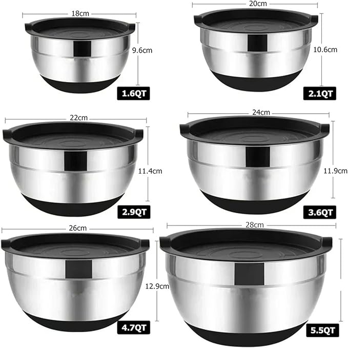 1/6PCS Silicone Bottom Thickened With Lid Cooking Basin Stainless Steel Egg Beating Salad Mixing Kitchen Baking(18 cm)