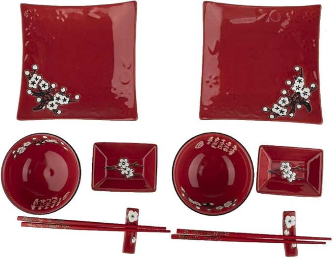 Japanese Dinner Set - 10 Pieces Red Floral Pattern