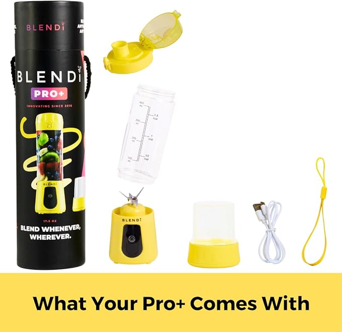 BLENDi Pro+ Portable Blender (17.5oz Lemon) – Upgraded Ice Crushing 120W Motor USB-C Rechargeable Cordless Personal Blender Smoothies &amp Shakes – BPA-Free Self-Cleaning Travel-Friendly (NEW)