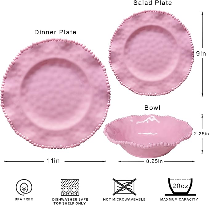 12 pcs Melamine Dinnerware Set Elegant Scalloped Rim With Beaded Serving Plates and Bowls Sets of 4 Pearl Design Kitchen Dishes Dinner Set.Perfect for Girl's and Women's PartiesGathering