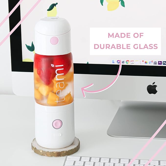 Teami MIXit Portable Blender 2.0 - USB Rechargeable 18.6oz GLASS - Use at the Office or Gym - 30 Seconds for Smoothies and Protein Shakes Personal Blender with 6 Powerful Blades (Baby Pink)