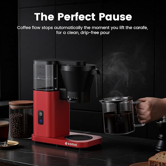 Kismile 8 Cup Drip Coffee Maker Machine Pour Over Coffee Brew with 3s Instant Heat 197-205℉ Removable Water Tank Adjustable Flow Control Deep Cold Brew &amp Keep Warm 40 Min Easy to Clean (Red)