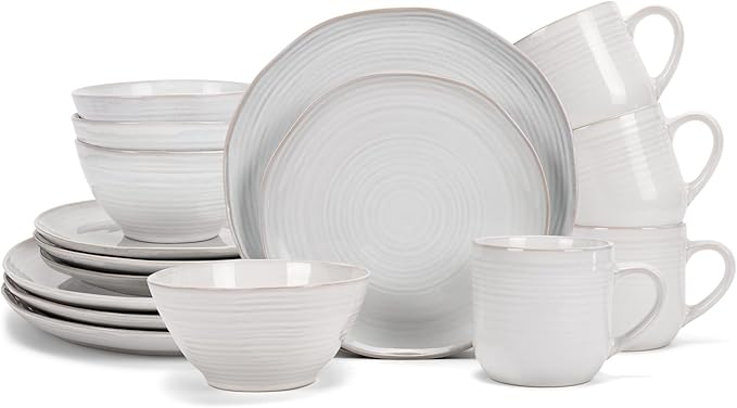 Elanze Designs Reactive Glaze Farmhouse Rustic Boho Ceramic Stoneware Dinnerware 16 Piece Plate Bowl Mug Dish Set - Service for 4 Classic White