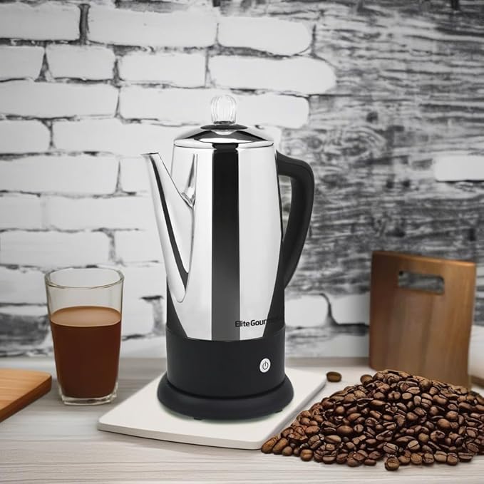 Elite Gourmet EC812 Electric 12-Cup Coffee Percolator with Keep Warm Clear Brew Progress Knob Cool-Touch Handle Cord-less Serve Stainless Steel