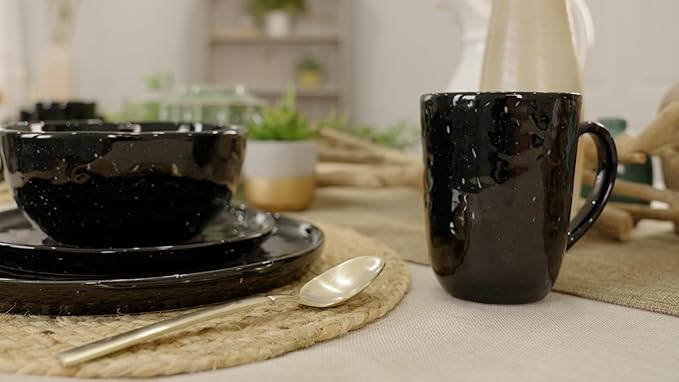 Elanze Designs Shiny Speckled Western Country Style Ceramic Plates Bowls Mugs Dinnerware 16 Piece Set - Service for 4 Black