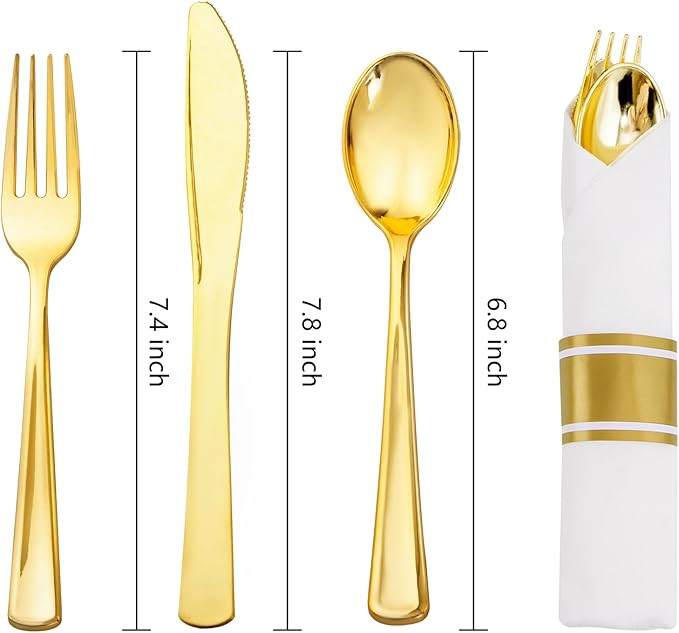 Nervure 400PCS Pre Rolled Gold Plastic Silverware Sets - Heavy Duty Gold Cutlery - Include 100 Pack Wrapped Disposable Utensils with Napkins for Parties Dinners &amp Weddings