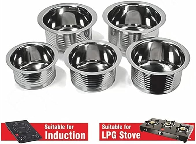 Stainless Steel tope Set Without lid Container Set/Tope Set/tapeli/patila/Milk Pot pan/Handi Set Cookware Set 5 Pieces 0.5/0.8/1/1.5/2 LTR