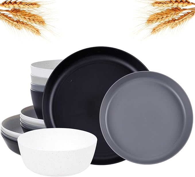 EI 12pcs Wheat Straw PlatesWheat Straw Dinnerware SetPlate and Bowls SetsPlastic Plates Reusable-WhiteBlackGreyDark GreyDinner Plate Set of 4 KitchenPicnic