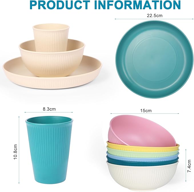 18pcs Wheat Straw Dinnerware Sets Unbreakable dish Set Reusable Plates Bowls and Cups Set dishes Dishwasher Microwave Safe for Kitchen Outdoor Travel Camping (Light Macron)