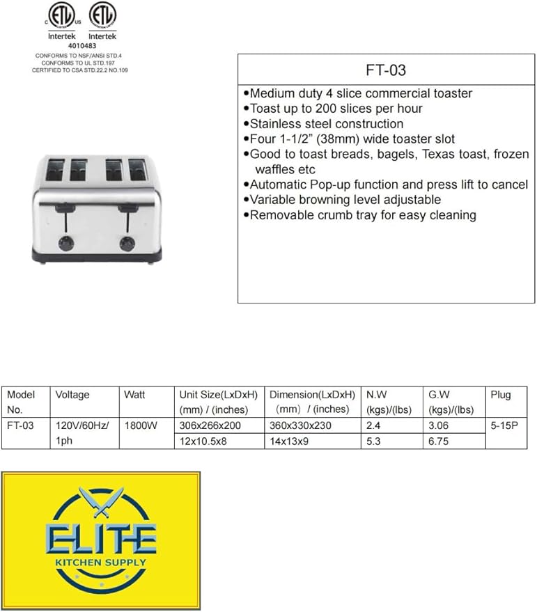 Commercial Manual 4 Slice Toaster ETL