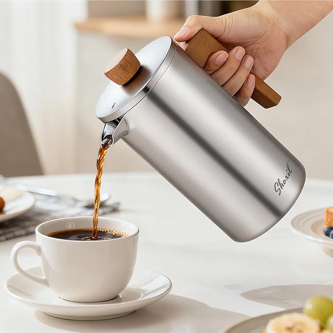 French Press Coffee Maker 34oz Stainless Steel Coffee Press Real Wood Handle Double Wall Insulated French Coffee Press with Dual-Filter Screen Perfect for Camping &amp Kitchen Use